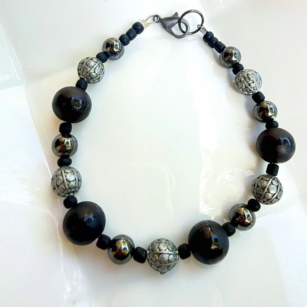 Hand Crafted Antique Silver Gray, Hematite & Matte Black Beaded Men's Bracelet